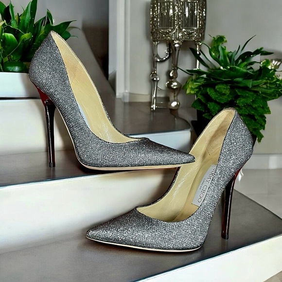 JIMMY CHOO Abel 100mm Pumps in Anthracite Silver Glitter Metallic 34.5 - Picture 6 of 13